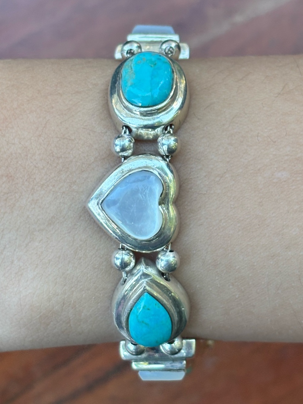 Vintage 925 Sterling Silver Turquoise Mother of Pearl Heart Bracelet 7.5”
